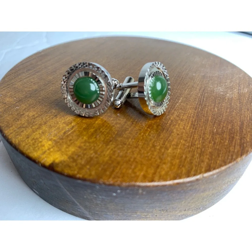 Vintage Silver Tone Green Cabochon Sunburst Round Cufflinks Formal Accessory